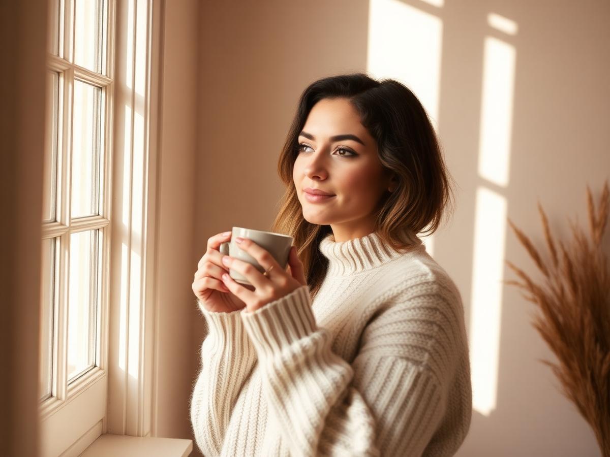 Woman resting calmly by a sunlit window representing hormonal and holistic care